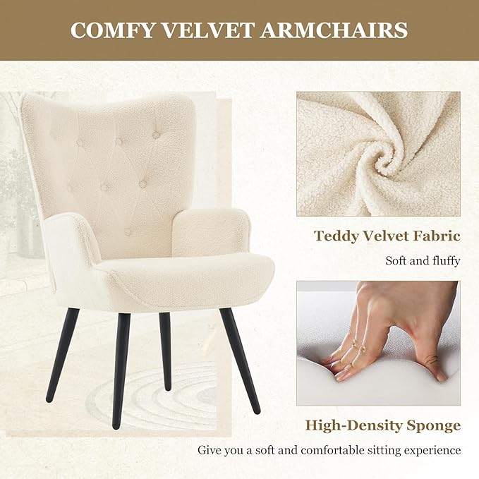 Furnimart Accent Chairs Set of 2, White Sherpa Reading Armchair with High Backrest, Wingback Corner Chair Mid Century Modern for Living Room, Bedroom, Waiting Room