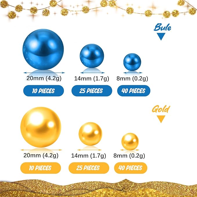 Blue Gold Vase Filler | 150PCS Pearls Bead for Centerpieces Vases | 8/14/20 mm No Hole Beads, Fake Pearls for Wedding Birthday 2025 Graduation Party Table Centerpieces Decor