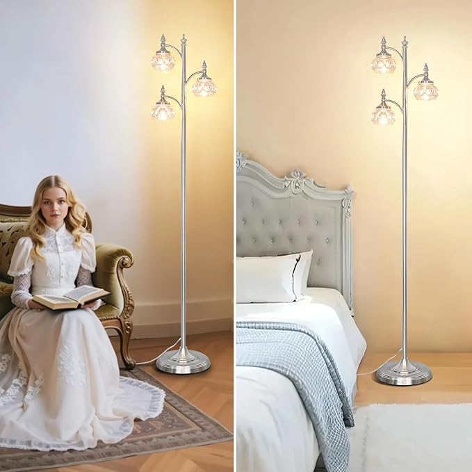 Brushed Nickel Floor Lamp 66.5'' Tall Standing Lamp Dimmable Tree Floor Lamps with 3 LED Lights Glass Shades Silver Lamp for Living Room Bedroom Office(3 Bulbs Included)