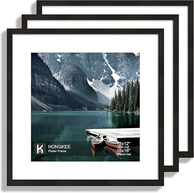 16x16 Square Frame Set of 3 - Display 12x12 Photo with Mat or 16 x 16 Poster without Mat, Wall Mounting Horizontal and Vertical, Black