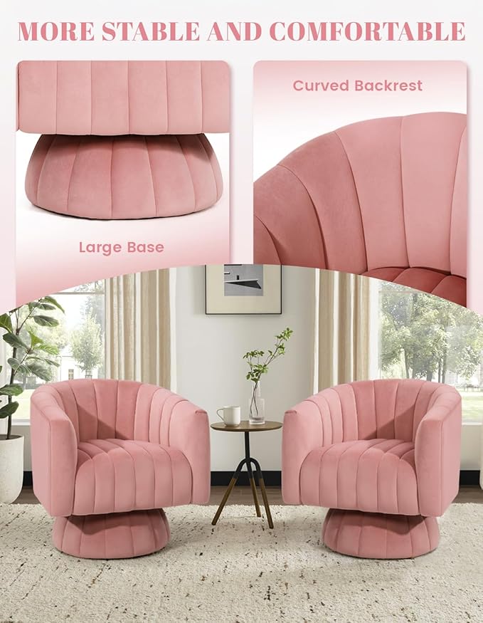 Kromax Swivel Accent Chair, Mid Century 360 Degree Barrel Chair with Armrest, Overstuffed Tufted Velvet, Ideal for Living Room, Bedroom, Reading Room, Light Pink