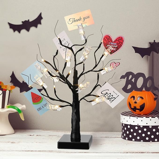 Mudder Money Holder Tree Present Card Holder with 12 Clear Clips LED Birch Twig Lights Tabletop Display Tree for Christmas, Valentines, Memo, Photo, Wedding(Fresh Style,Black, Warm White)
