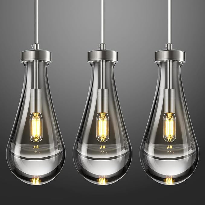 Raindrop Pendant Lights Kitchen Island Teardrop Nickel Hanging Light Fixtures Clear Solid Glass Pendant Light Modern Chandeliers for Dining Room Porch Corridor Living Room(3-Pack)