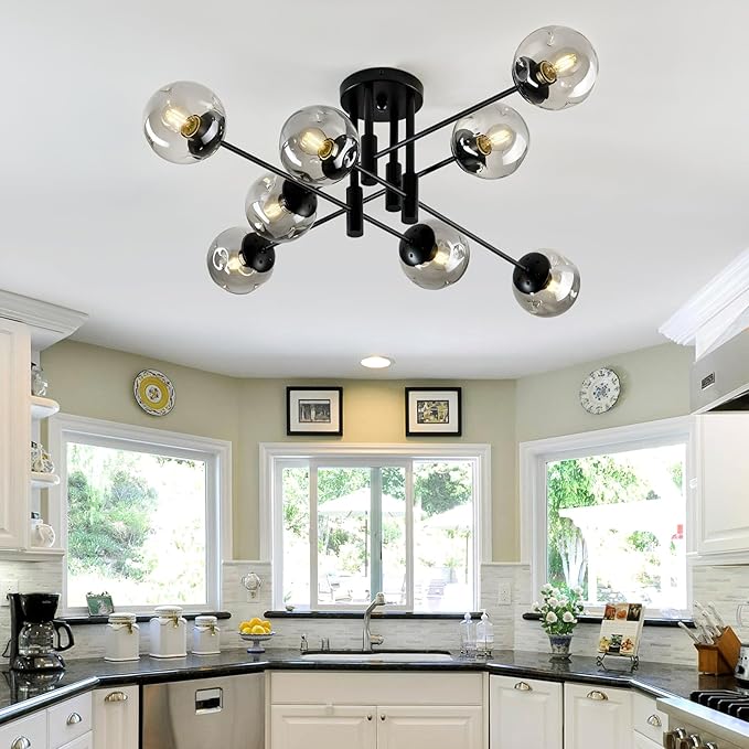 SZXYKEJI 8 Light Glass Globe Ceiling Light Black Mid Century Flush Mount Sputnik Light Fixture Bubble Chandelier Living Room Farmhouse for Dining Room Kitchen Bedroom.