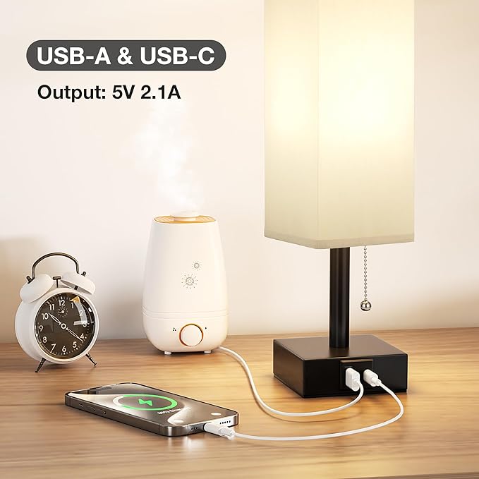 Gray Small Bedroom Lamp - 3 Color Temperature 3000K 5000K 4000K Bedside Lamp, Pull Chain Control, USB A and C Charging Ports, Black Base, for Kids Office Dorm, Bulb Included
