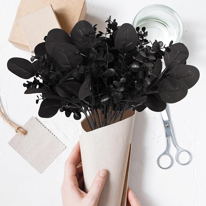 40 Pcs Artificial Black Eucalyptus Stems, Fake Eucalyptus Leaves Branches Bouquet for Flower Arrangement DIY, Black Silk Flowers for Home Halloween Farmhouse Decor