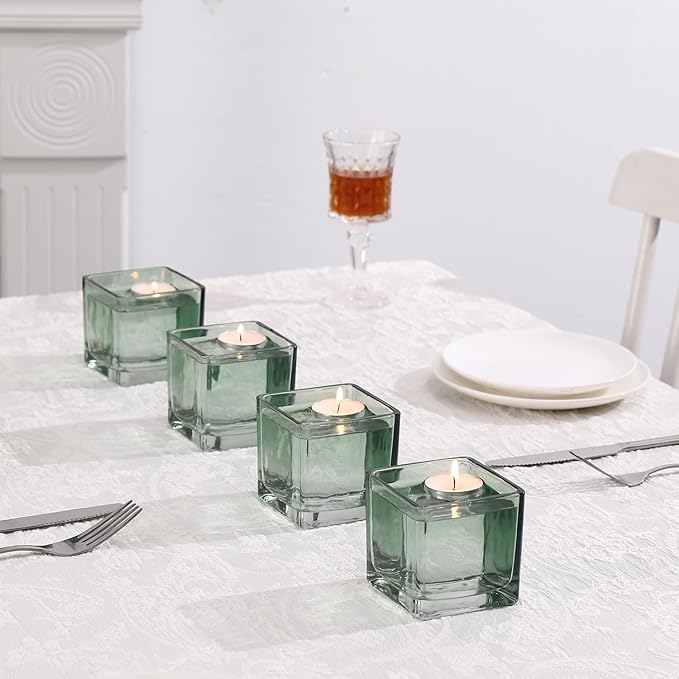 Square Flower Vases Set of 4, 3"x 3"x 3" Glass Vases for Centerpieces, Green Vase for Flowers, Small Vase for Wedding, Party, Home Office Decoration