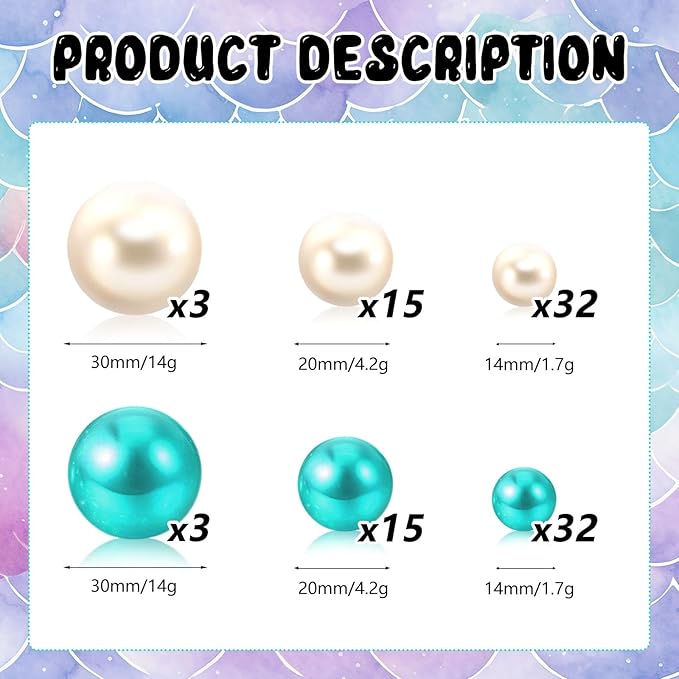 100PCS Teal White Faux Pearls Beads for Centerpiece Vases, Vase Filler Faux Pearls, No Holes Filler Beads for Party Anniversary Birthday Wedding Table Decor, 14/20/30mm
