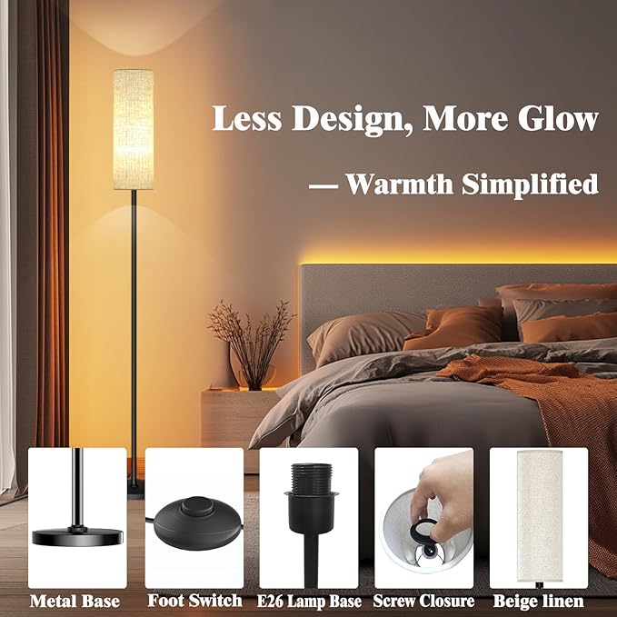 Smart LED Floor Lamp with APP Control & RGB Colors - Dimmable Standing Lamp for Living Room, Bedroom, Gaming - Remote, Timer, 9W Bulb Included, 67" Modern Tall Lamp (C:Black Beige)