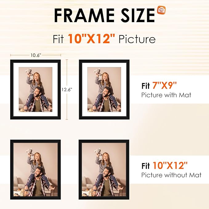 FIXSMITH 10x12 Picture Frame Set of 4, Photo Frame with HD Plexiglass, Display Pictures 7x9 with Mat or 10x12 Without Mat, Black Picture Frames Collage Wall Decor, Gallary Wall Frame
