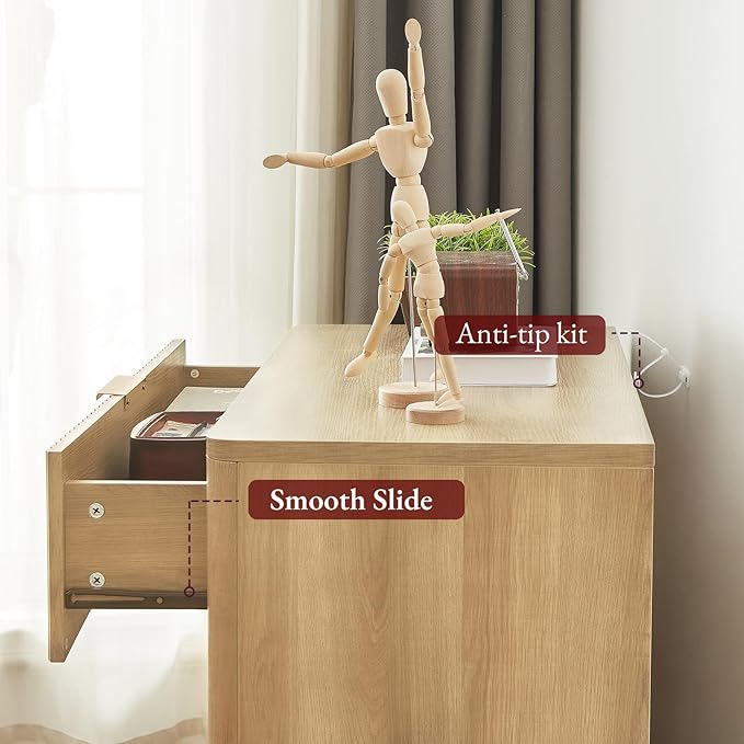 Evermagin 31.5W×29“H Large Fluted Nightstands Set of 2, 3 Drawer Light Wood Night Stand Bedside Table, Mid Century Modern Small Dresser for Bedroom, Natural Oak