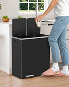 Arlopu 16 GallonStainless Steel Trash Can, 60L Dual Compartment, Metal Kitchen Step Recycle Bin, Metal Double Dustbin, in-Home Garbage Rubbish Can W/Removable Liner Buckets (Black)