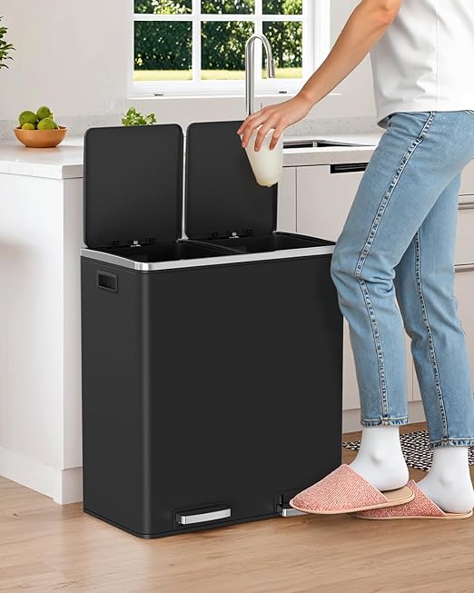 Arlopu 16 GallonStainless Steel Trash Can, 60L Dual Compartment, Metal Kitchen Step Recycle Bin, Metal Double Dustbin, in-Home Garbage Rubbish Can W/Removable Liner Buckets (Black)