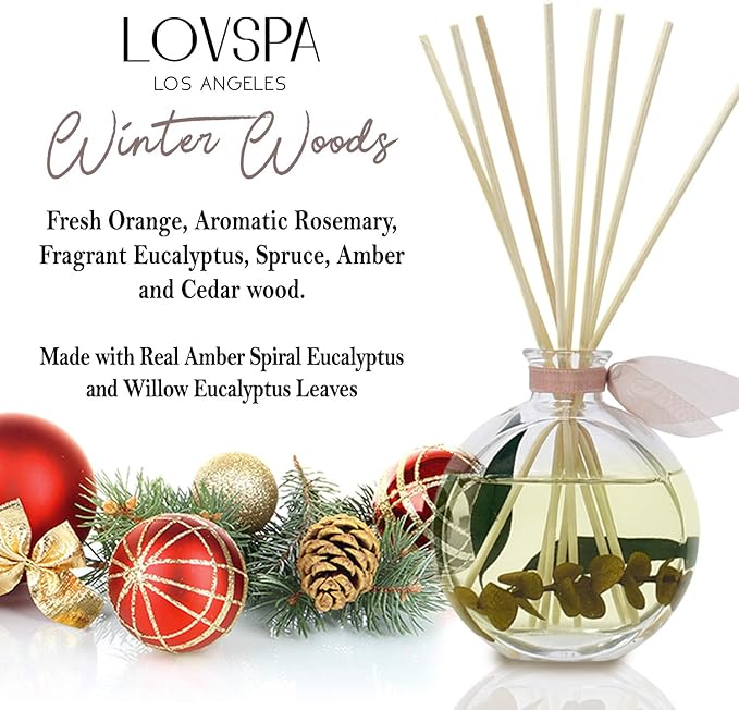 LOVSPA Reed Diffuser Set, Winter Woods Scented Oil Diffuser with Sticks, Home Fragrance Accessories for Bathroom Shelf Decor, Aroma Diffusers for Home or Office Desk, USA Made
