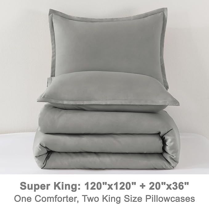Litanika Comforters Medium Gray Super King Size, 3 Pieces Lightweight Solid Bedding Set & Collections, All Season Fluffy Bed Set (120x120In Comforter & 2 Pillowcases)