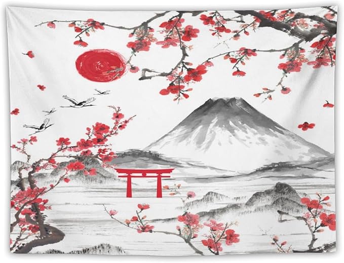 Red Cherry Blossoms Tapestry, Japanese Fuji Mountain Tapestry, Asian Japanese Wall Tapestry, Nature Landscape Tapestries for Bedroom Living Room Decor 40"x30"