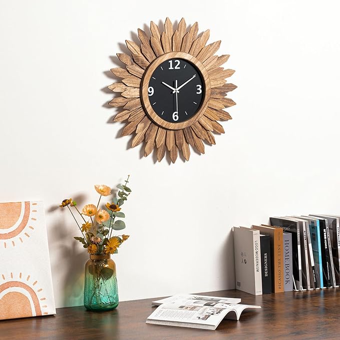 Honiway Large Wall Clock Battery Operated 21 in Rustic Wood Boho Sunburst Decorative Wall Clock Silent Non Ticking Farmhouse Wall Clocks for Living Room Bedroom Kitchen Bathroom Decor (Rustic Brown)