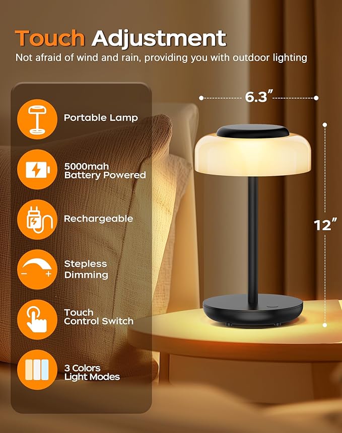 QiMH Battery Operated LED Table Lamp, 5000mAh Rechargeable Cordless Lamp, Stepless Dimmable Touch Control, Small Waterproof Desk Night Light for Living Room, Bedroom, Outdoor Bar (Black)