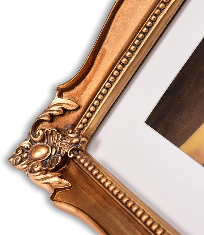 Vintage 11x14 Picture Frame with Embossed Flower, Ornate Gold Frame for 11x14 or 8x10 Photos with White Mat, Antique Baroque Frames with Hook for Wall Mounting Display(Bronze)