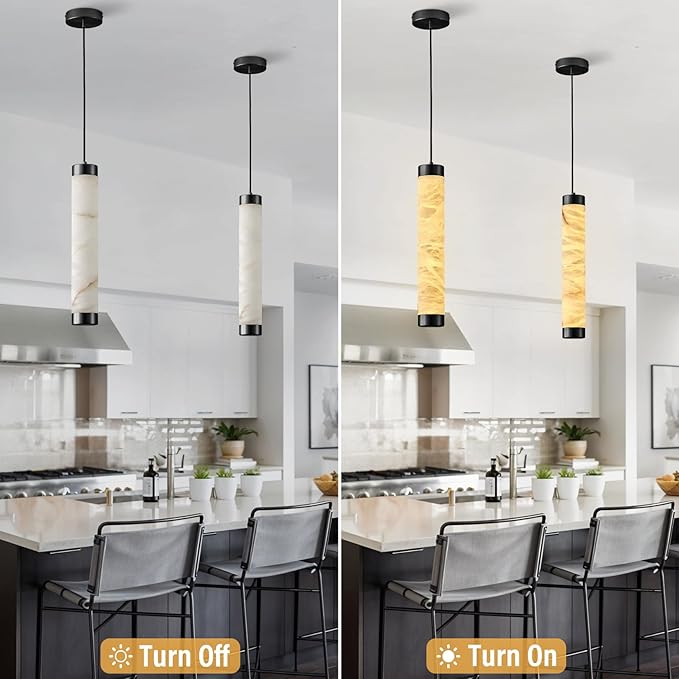 20" Alabaster Pendant Lights, 2PCS Natural Marble Cylinder Black Pendant Light, Adjustable Modern Ceiling Light Fixtures for Kitchen Island, Dining Room, Bedroom, Living Room, Bathroom