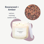 Calyan Wax Co. 3 Wick Candle, Rosewood + Amber Scented Candle, 43 Hour Burn Time, 3 Wick Soy Candles, Non Toxic & Vegan Soy Wax, Ceramic Scented Candles, 26oz