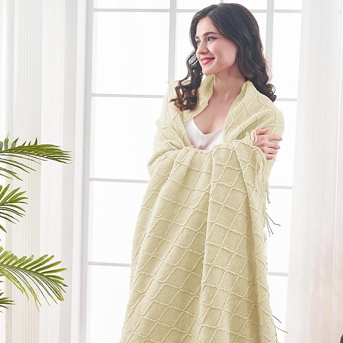 inhand Knitted Throw Blanket for Couch and Bed, Soft Living Room Home Decor Knitted Blanket with Tassel, Outdoor Lightweight Breathable Summer Blanket, Farmhouse Warm Woven Decorative, 50"x60"