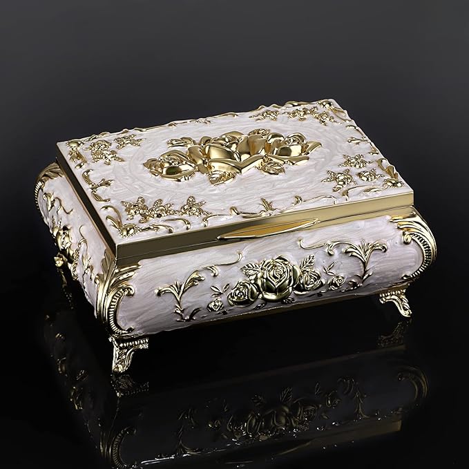 ELLDOO Vintage Music Box, Beige Metal Musical Jewelry Box Keepsake Box, Small Trinket Jewelry Storage Box Gift for Girl Women (Tune: You are My Sunshine)
