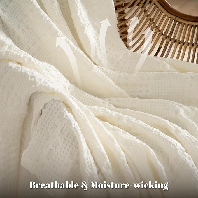 PHF 100% Cotton Waffle Weave Blanket Queen Size, Soft Lightweight Breathable Cozy Summer Blankets for Bed, Luxury Aesthetic Woven Bedding for Home Decor, 90"x90", Ivory