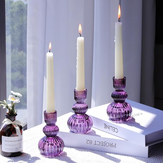 Woho Purple Candlestick Holders Set of 3 for Halloween Decorations, 4.3" H Ribbed Glass Taper Candle Holders Bulk for Wedding Table, Vintage Candle Sticks Holder Decor for Birthday Party/Home Decor