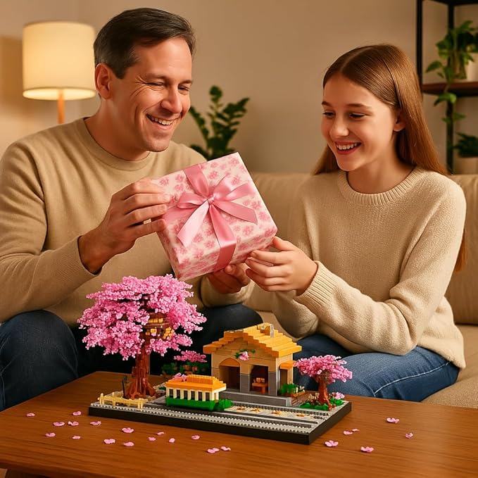 Cherry Train Building Set, Japanese Sakura Train Station Scene with Cherry Blossom Trees, Collectible Architecture Model Kit Mini Bricks Toys 3668 Pieces