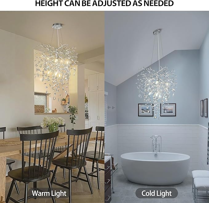 Silver Crystal Tree Branches Chandelier,21 Inchs 6 Lights Modern Round K9 Crystal Chandeliers for Dining Room, Bedroom, Living Room, Foyer,Kitchen Island,Bathroom