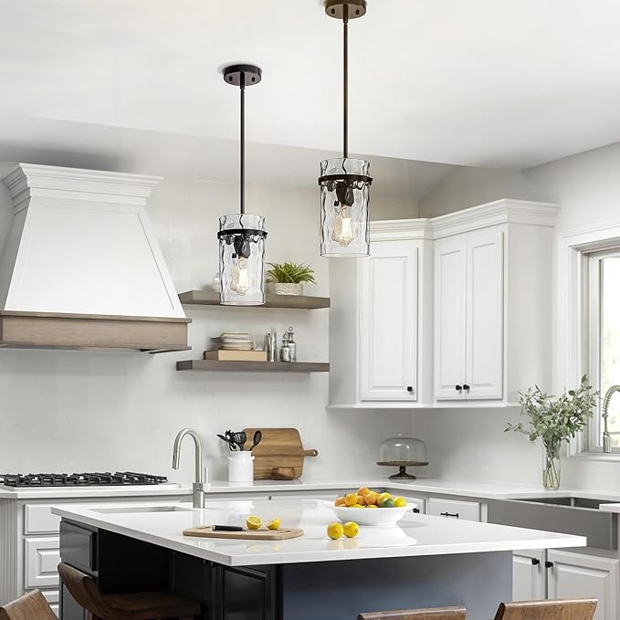 Farmhouse Hammered Hand-Blown Glass Pendant Light, Black Pendant Lights Kitchen Island, Modern Pendant Light Fixtures Island Lights for Kitchen Dining Room Light for Farmhouse Pendant Lighting 1 Pack