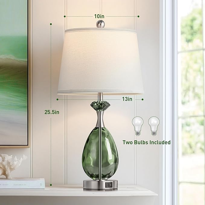 Coastal Glass Table Lamps Set of 2, 3-Way Dimmable Touch Control Nautical Lamp with USB A+C Ports,Bedside Lamp Beach Decor,Nightstand Lamp with White Shade for Living Room Bedroom(LED Bulbs Included)