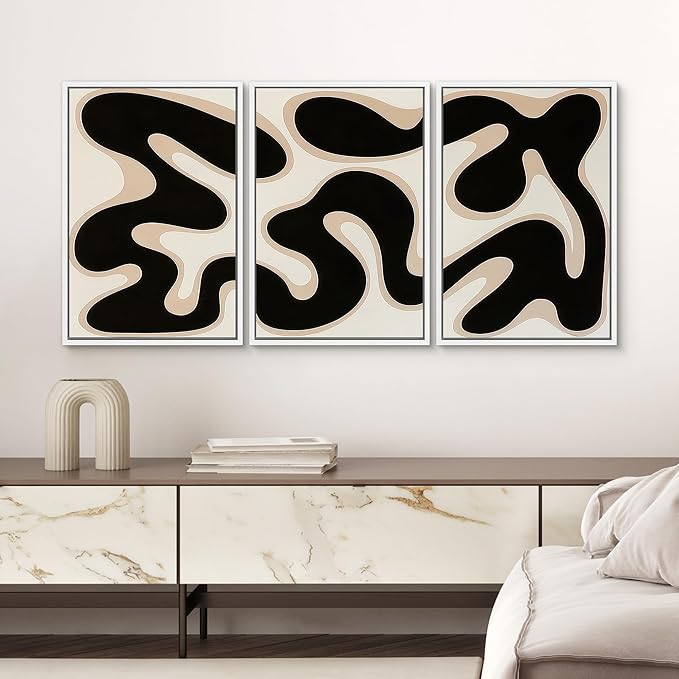 SIGNWIN Framed Canvas Print Wall Art Modern Abstract Organic Shapes Black and Beige Fluid Pattern Photography Modern Art Minimalist Black and White for Living Room, Bedroom, Office - 24"x36"x3 White