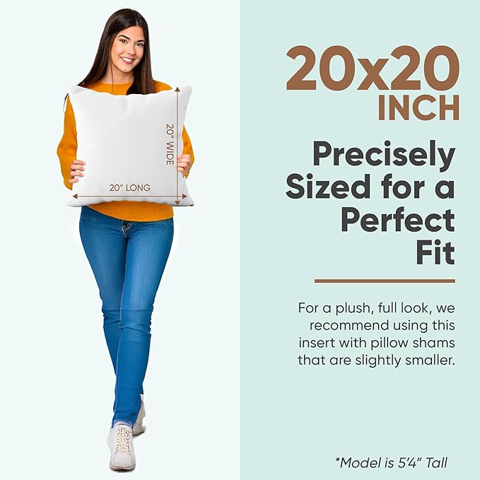Pillowflex Synthetic Down Pillow Insert - 20x20 Down Alternative, Ultra Soft Large Square Throw Pillow, Couch Sham, Bed Sleeping - 1 Decorative Accent Form