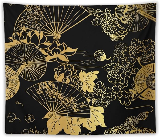 HZOHNAGO Japanese Tapestry Gold Flowers Umbrella Fan Pattern Printed Wall Tapestry Painting Wall Hanging for Bedroom Living Room Dorm 60" W x 50" H