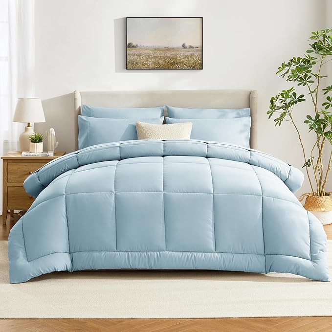 CozyLux Queen Comforter Set Light Blue, 7 Pieces Bed in a Bag, Blue Comforter Queen Size, All Season Bedding Sets with Stitch Quilted Comforter, Flat Sheet, Fitted Sheet, Pillowcases
