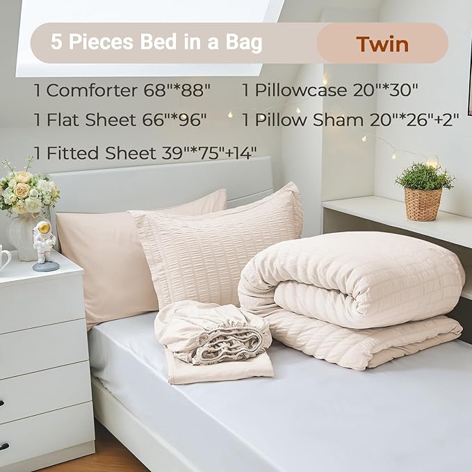 MUXHOMO 5 Pieces Twin Comforter Set, Seersucker Bed in a Bag Twin Size, All Season Luxury Bedding Set with Comforter, Flat Sheet, Fitted Sheet, Pillowcase & Sham, Beige