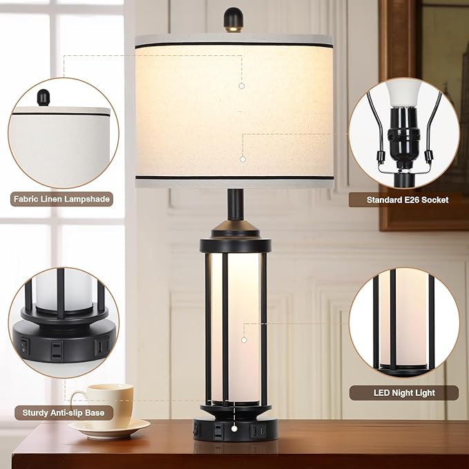 Table Lamps for Living Room Set of 2, Black Farmhouse Rustic Industrial Table Lamp with USB A+C Charging Ports & AC Outlet, 27" Modern Table Lamps with LED Night Light & Linen Fabric Lampshade