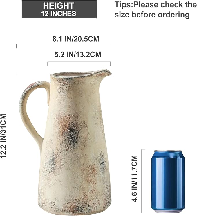 Ceramic Vintage Vase with Handle,12.2 inch Large Tall Handcrafted Pitcher Vase for Modern Farmhouse Decor, Ideal for Home Decor, Living Room, Table, Shelf