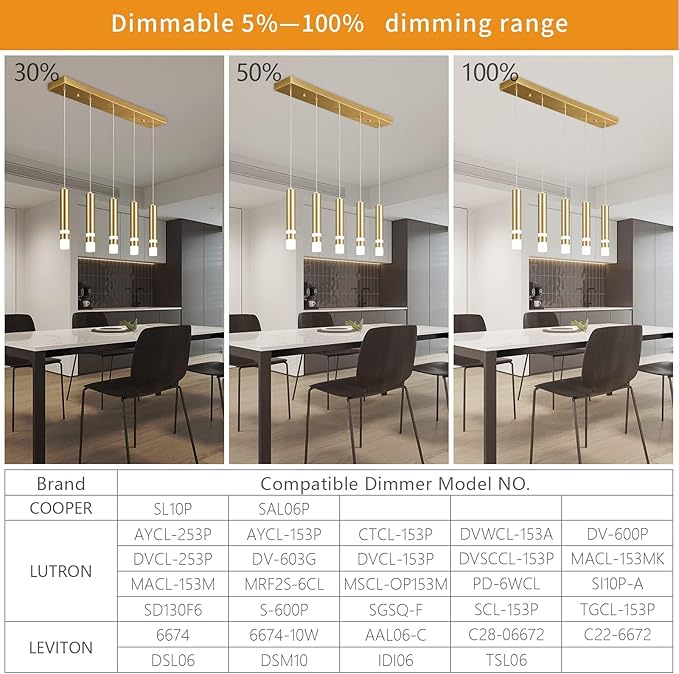 5-Light Dining Room Modern Pendant Light Kitchen Fixture Dimmable LED Gold Pendant Lighting fo Kitchen Island Study Pendant Lights