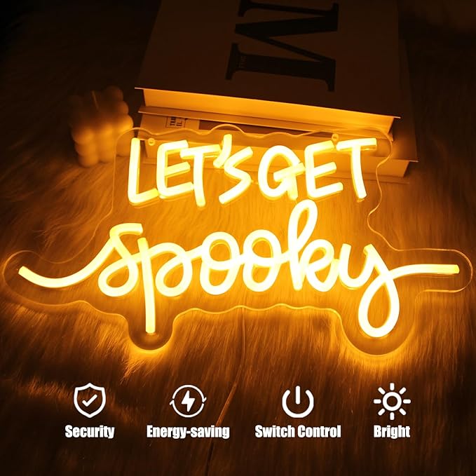 Let's Get Spooky Neon Signs Halloween Neon Sign Yellow Letter LED Neon Light Signs Spooky Neon Wall Sign Quote LED Sign Neon Lights for Wall Bedroom Bar Man Cave Party Halloween Room Decor