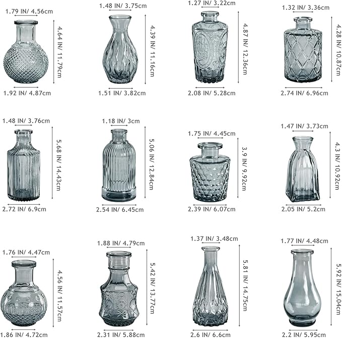 Small Glass Vase Set of 12, Grey Bud Vases for Centerpiece Table Decorations, Boho Vintage Flower Vases in Bulk, Mini Vase Decorative for Wedding Party Baby Shower Birthday Home Decor