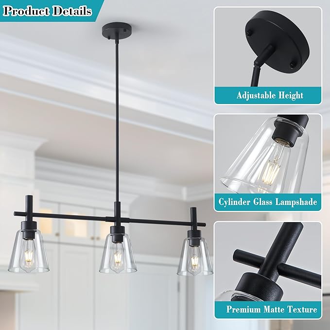 Black Kitchen Island Lighting, 3-Lights Modern Dining Room Light Fixture, Farmhouse Pendant Light Fixtures with Glass Shades, Adjustable Rectangle Linear Chandelier for Living Room