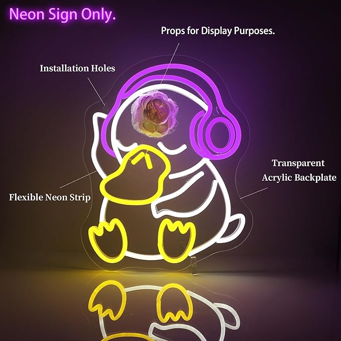 Neon Sign - Duck LED Neon Signs for Wall Decor, Cute Animal Light Up Sign for Bedroom, Party, Bar, Game Room & Kids Room Decor