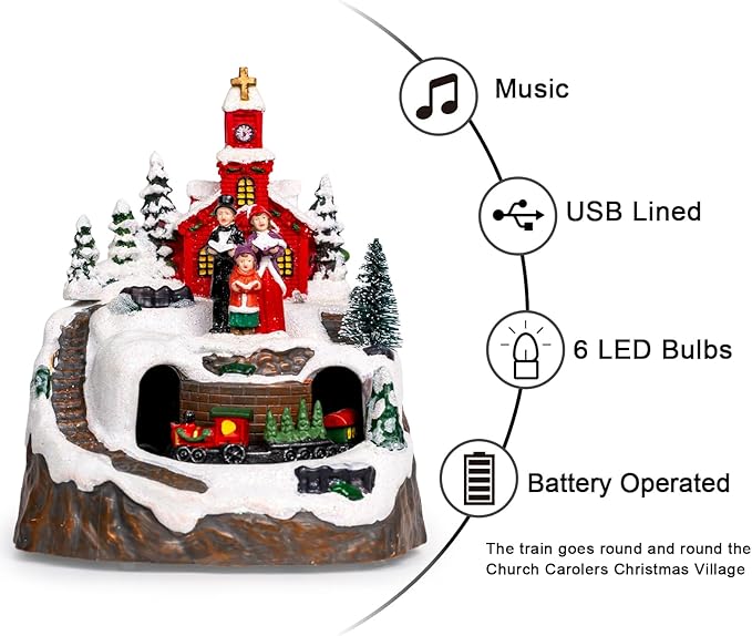 Animated Musical Christmas Village Figurines Christmas Collectibles Statues Church Building and Carolers with Rotating Train LED Lights, Battery & USB Home Decor Gifts Festive Holiday Decorations