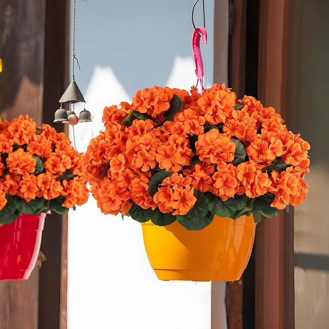 Hananona 6 Pcs Artificial Geranium Flowers for Outdoors Geranium Silk Orange Flower Outdoor UV Resistant Patio Plants Faux Autumn Flowers for Fall Home Kitchen Table Centerpieces (6, Orange)