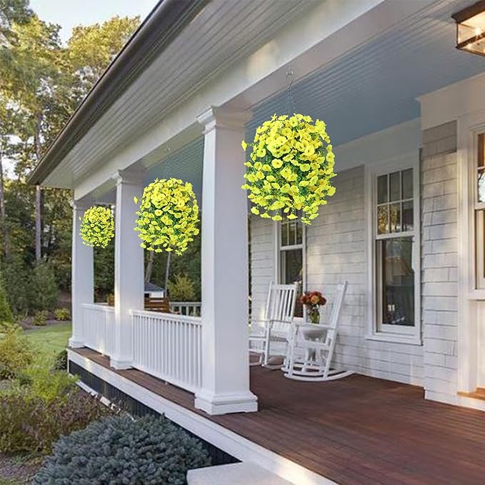 Ivydale 2 PCS Artificial Hanging Flowers Fake Plants Outdoor,Silk Morning Glory Faux Flowers with Eucalyptus Leaves,UV Resistant Realistic Hanging Petunias Plants for Home Garden Decor (Yellow)