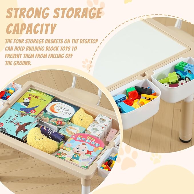 Multi Functional Kids Table and 2 Chairs Set, Graffiti & Building Blocks Double-Sided Tabletop, Toddler Play Table with Drawers, Large Storage Space, Gift for Boys/Girls, Burlywood