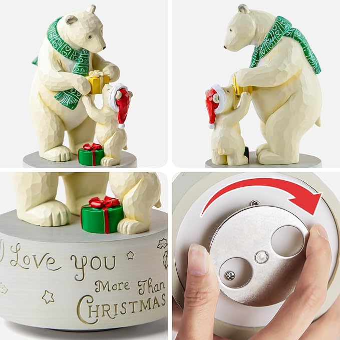 AIDLNS Christmas Polar Bear I Love You More Than Christmas-Theme Music Box, Handmade Sculpture Figurines Musical, Plays Silent Night Tune, Heartwarming Holiday Decoration for Family